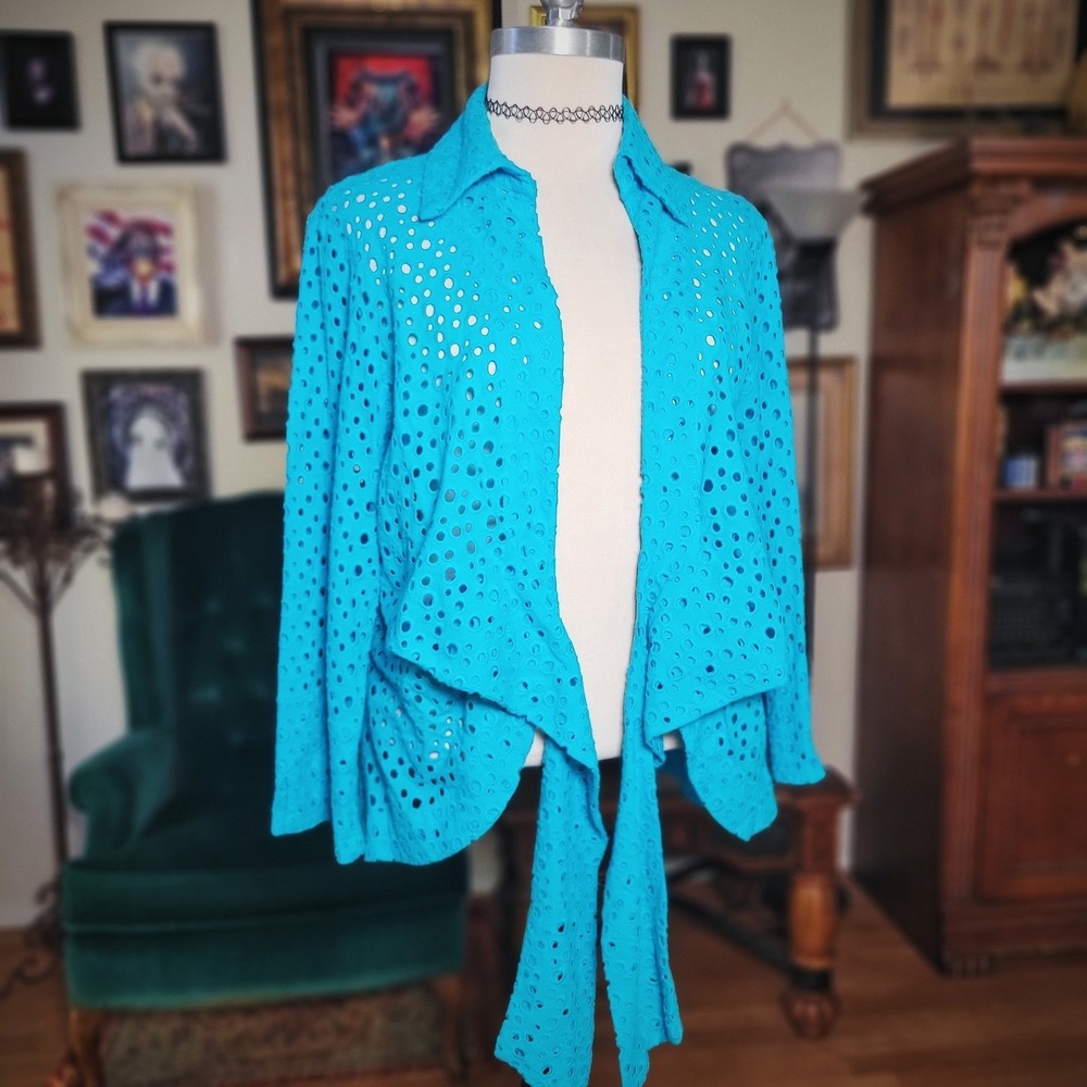 Mishca Turquoise Blouse‎ Eyelet Cotton Tie Front Wrap Shirt Teal Women Large L